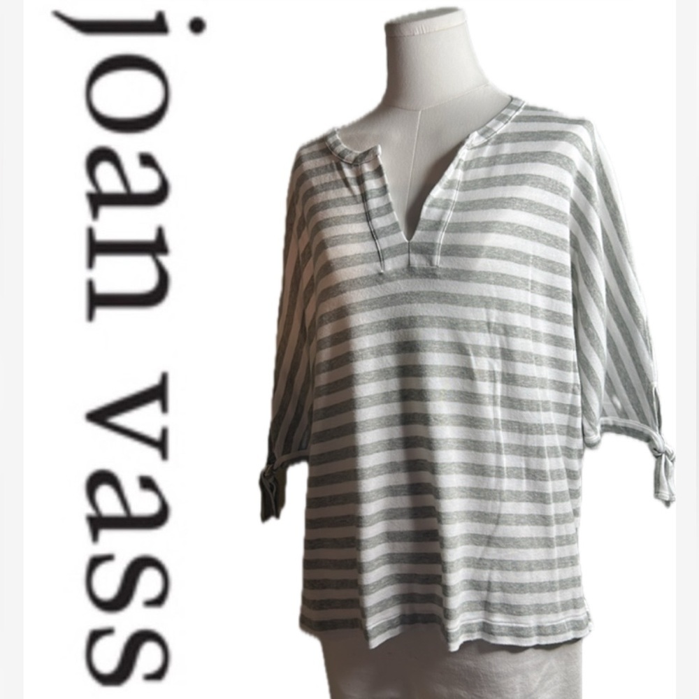 JOAN VASS Knit Grey Stripe Easy Pullover Johnny Collar Tunic‎ 3/4 Sleeve Top 16
